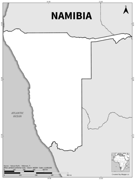 Black and white outline map of Namibia, showing the country's borders.