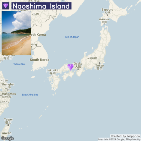 A map highlighting Naoshima Island in Japan, with an inset photo of a sandy beach on the island at the top left corner. It shows the island's location relative to surrounding areas like Osaka, Tokyo, South Korea, and the Sea of Japan. Cities on the map are labeled in their local languages. "Created by Mapprr.co" and Google Map data attribution are present at the bottom.