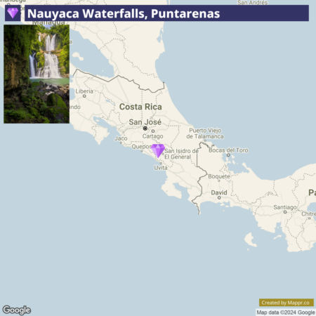 Map showing the location of Nauyaca Waterfalls in Puntarenas, Costa Rica, with an inset photo of the waterfalls on the upper left corner.