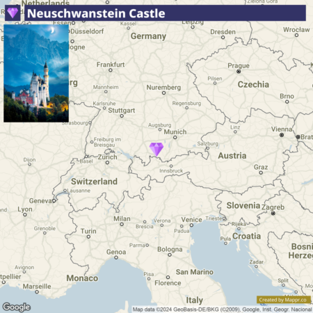 A map highlighting the location of Neuschwanstein Castle in Germany with a purple diamond indicating the castle's position near the border with Switzerland and Austria, accompanied by a small photograph of the castle in the top left corner.