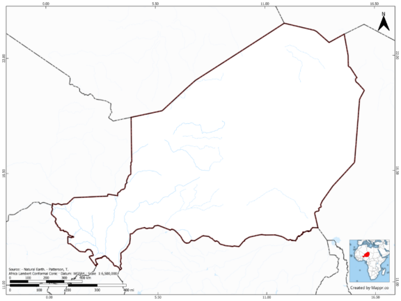 Blank map of Niger showing borders and no labels, in color.