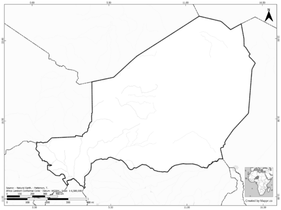 Blank black and white map of Niger with borders and no labels.