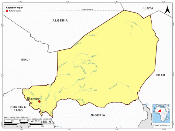 Map highlighting Niamey, the capital of Niger, with country borders, in color.