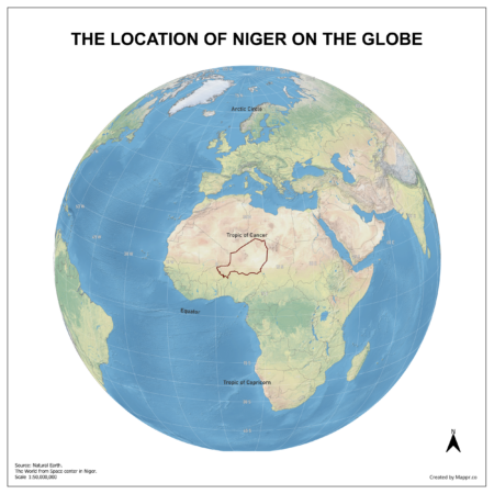 Map showing Niger's location on a globe, highlighted in red on the African continent.