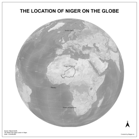 Map showing Niger's location on a globe, highlighted in red on the African continent.