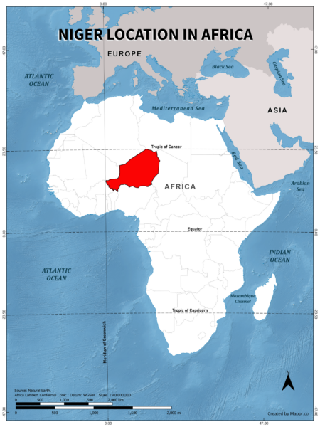 Niger location on world map, color version.