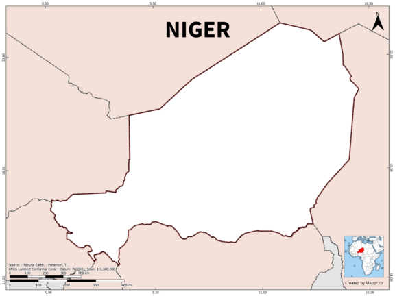 Outline map of Niger with country borders in color.