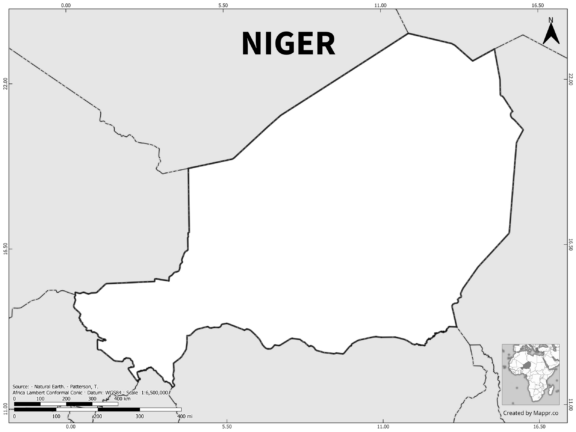 Black and white outline map of Niger, showing the country's borders.