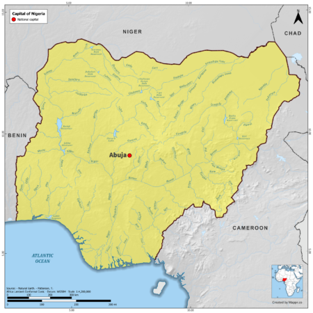 Map highlighting Abuja, the capital of Nigeria, with surrounding countries and geographical features, in color.