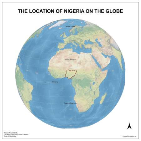 Map showing Nigeria's location on a globe, highlighted in red on the African continent.