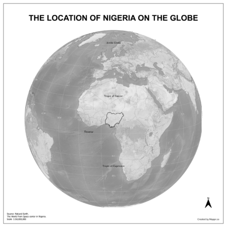 Map showing Nigeria's location on a globe, highlighted in red on the African continent.