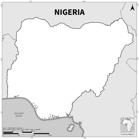 Black and white outline map of Nigeria, showing the country's borders.
