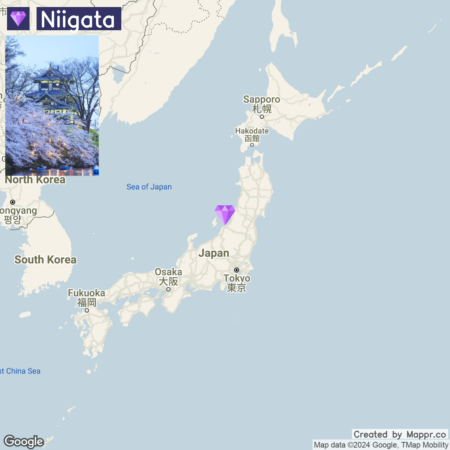 A map of Japan highlighting the location of Niigata with an inset photo of a traditional Japanese building surrounded by cherry blossoms.