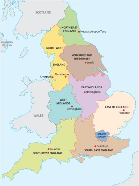 A color-coded map of England showing its regions including North East England, North West England, Yorkshire and the Humber, East Midlands, West Midlands, East of England, Greater London, South East England, and South West England, with several cities such as Newcastle upon Tyne, Manchester, Leeds, Nottingham, Birmingham, Guilford, Flepton, and Taunton marked with red dots. The map also outlines the surrounding areas of Scotland, Northern Ireland, and Wales.