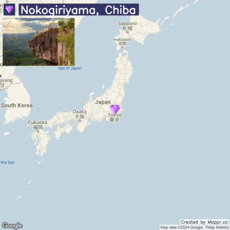 A map graphic displaying the location of Nokogiriyama in Chiba Prefecture, Japan, with an inset photo of a rocky cliff at Nokogiriyama overlooking a green forested area.