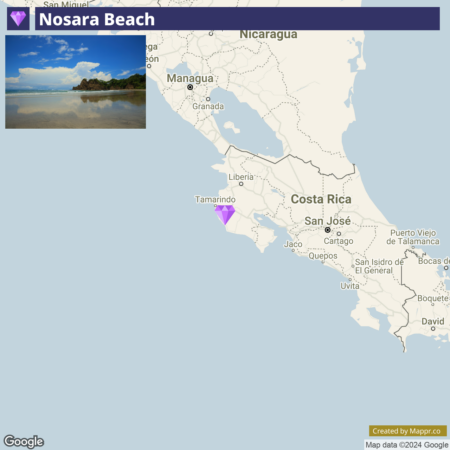 A map showing the location of Nosara Beach with a marker in northwest Costa Rica, along with other nearby Costa Rican cities and the border of Nicaragua. A small inset photograph in the upper left corner displays a coastal scene of Nosara Beach with clouds reflected on the wet sand and rocky outcrops in the distance.