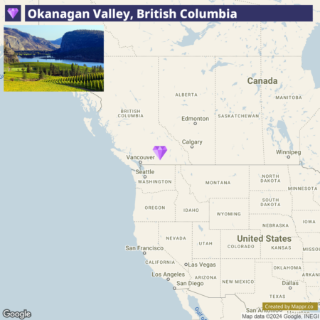 An infographic featuring a map of part of North America highlighting the Okanagan Valley in British Columbia, with an inset showing a scenic view of the valley with vineyards and a lake.