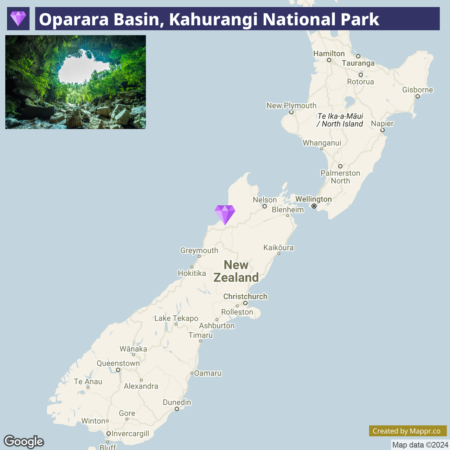 A map of New Zealand highlighting the location of Oparara Basin in Kahurangi National Park with a small inset photo of a forested limestone arch at the top left corner.