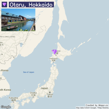 A map highlighting Otaru in Hokkaido, Japan, with an inset photograph showing a canal and traditional buildings.