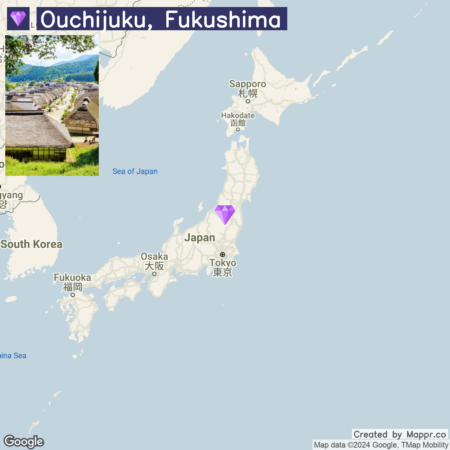 Map showing the location of Ouchijuku in Fukushima Prefecture, Japan, with a small inset of a traditional thatched-roof building representing the historical village.