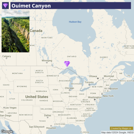 A map showing the location of Ouimet Canyon in Ontario, Canada, with an inset aerial view of the canyon itself in the lower left corner. The map highlights the surrounding regions and major cities in both Canada and the United States.