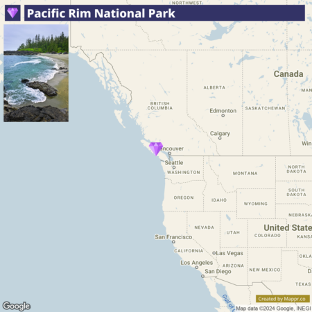 Map showing the location of Pacific Rim National Park on the west coast of British Columbia, Canada, with an inset photo of a rugged coastline with trees.