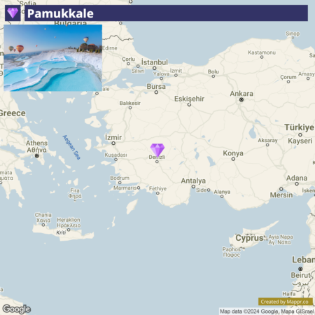 An interactive map featuring the region around Pamukkale, Turkey, with a smaller inset image in the upper left corner showing the white terraces and blue waters of Pamukkale's thermal springs. Cities like Istanbul, Ankara, Izmir, and Denizli are marked, alongside other geographic details.