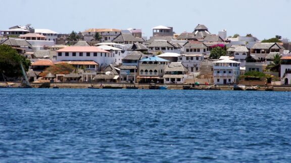 Coastal view of Lamu town, featuring traditional Swahili architecture with white and pastel-colored buildings, some with thatched roofs, against a backdrop of blue water.