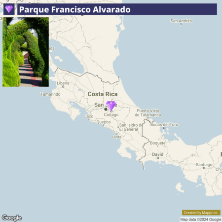 Map of Costa Rica highlighting the location of Parque Francisco Alvarado with a pinpoint marker, accompanied by an inset image of a lush green archway in the park.