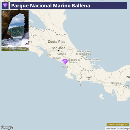 An overlay image showing a seascape with a natural arch over water on the left with a location map of Costa Rica focusing on Parque Nacional Marino Ballena on the right.