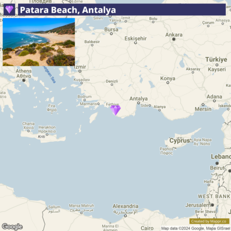 A split-image with the top half showing a photograph of Patara Beach in Antalya, Turkey, featuring a sandy shore with greenery and the blue sea, and the bottom half displaying a map indicating the geographic location of Patara Beach on the southwestern coast of Turkey near the city of Fethiye. The map includes neighboring countries and major cities.