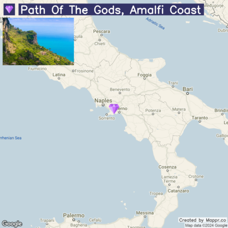 A screenshot of a map highlighting the "Path of The Gods, Amalfi Coast" area near Naples in Italy, with an inset photo showing a coastal view with cliffs and clear blue water.