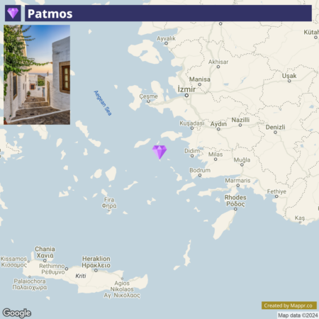 A map showing the location of Patmos among other Greek islands and the Turkish coast, with a small inset image at the top left corner displaying a scenic view of a traditional street in Patmos.