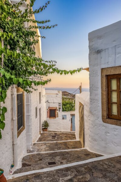 The narrow streets of Patmos, one of the most beautiful Dodecanese islands