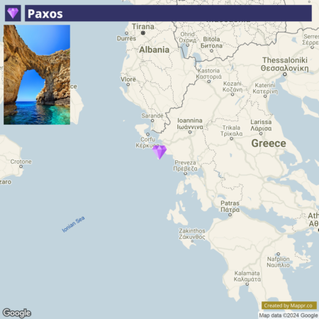 An inset picture of a natural sea arch on a sunny day in the top left corner, overlaying a Google map highlighting the island of Paxos near the coast of Greece with a purple map pin marking a specific location.