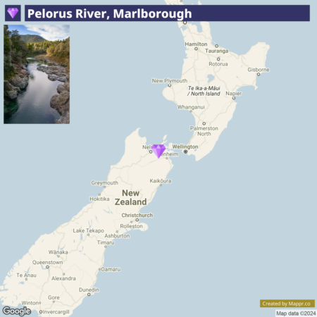 A composite image with a top half showing a scenic photo of the Pelorus River in Marlborough with calm waters and surrounding lush foliage, and a bottom half displaying a map of New Zealand highlighting the North and South Islands, with a marker indicating the location of the Pelorus River in the Marlborough region. The image includes a Google and Mappr.co watermark.