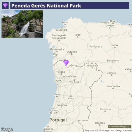 A map highlighting the location of Peneda Gerês National Park in northern Portugal, with an inset photo of a waterfall within the park.