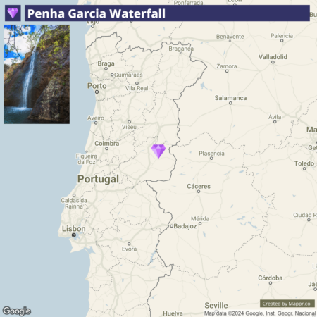 A map highlighting the location of Penha Garcia Waterfall in Portugal, accompanied by an inset image of the waterfall in the top-left corner. The map features major cities and geography, with a purple pinpoint marking the waterfall's position in the central part of the country.