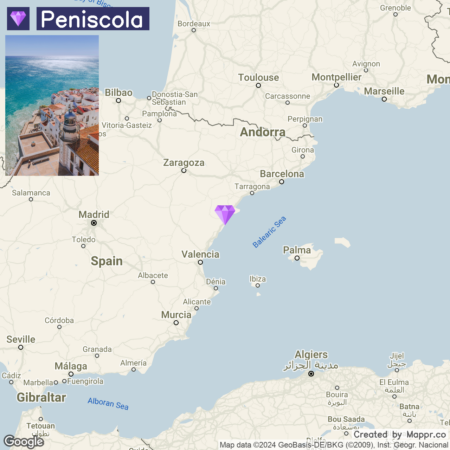 A map showing the location of Peñíscola in Spain with a marker, and an inset photo of coastal buildings in Peñíscola with the sea in the background. The map is overlaid with the Google and MappR branding.