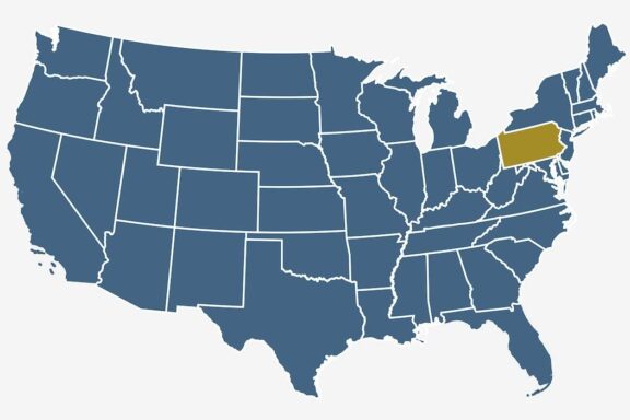 A simplified map of the United States with state boundaries marked and Pennsylvania highlighted in gold.