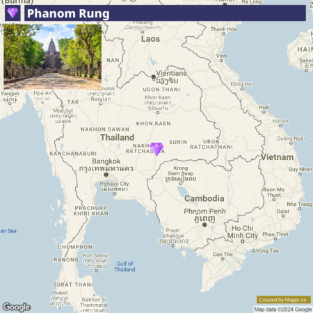 An image of a Google map highlighting the region around Phanom Rung in Thailand, with neighboring countries like Cambodia, Laos, and parts of Vietnam visible. A photograph in the corner shows the historic Phanom Rung temple.