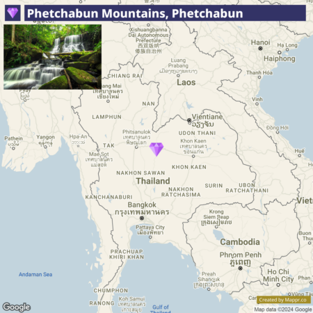 A map showing the location of the Phetchabun Mountains in Thailand with a pinned marker, plus an inset image of a lush green waterfall in the mountains.