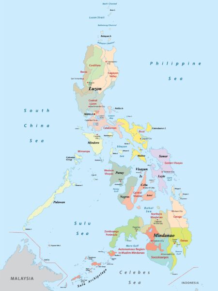 A colorful political map of the Philippines showing various regions, major cities, islands, and bodies of water such as the South China Sea, Philippine Sea, Sulu Sea, and Celebes Sea. Surrounding countries like Malaysia and Indonesia are partially visible at the edges of the map.