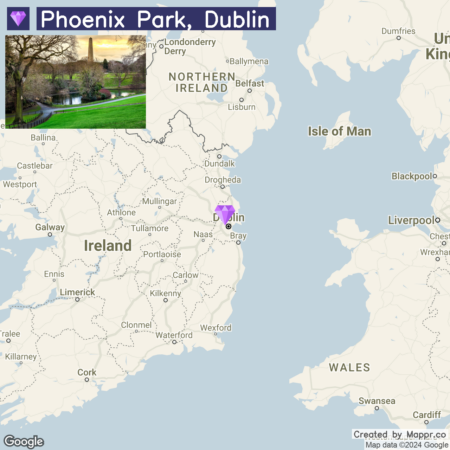 A map showcasing the location of Phoenix Park in Dublin, Ireland, with a small inset photo of the park's green landscape and a monument.