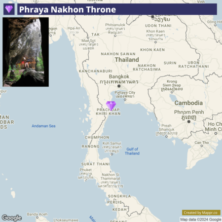 A map of Thailand highlighting the Phraya Nakhon Throne location, with an inset photo showing a pavilion inside a cave illuminated by natural light from an opening above.