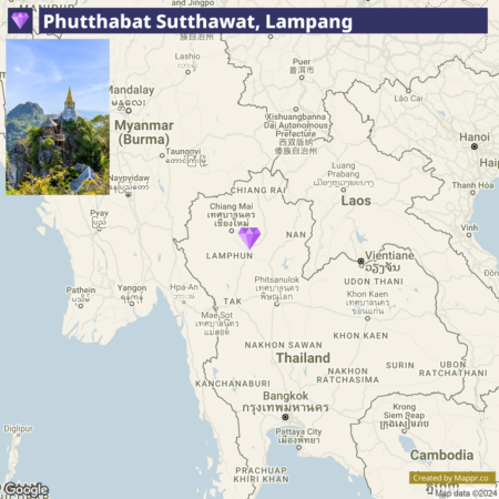 A map showing a location tagged as Phutthabat Sutthawat, Lampang in Thailand, with an inset photo of a temple atop a rocky outcrop surrounded by greenery.