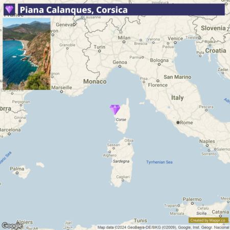 A map highlighting the location of Piana Calanques in Corsica with a photo insert showing a view of the coastal cliffs and turquoise sea.