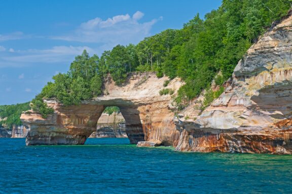 Colorful sandstone cliffs of Pictured Rocks National Lakeshore