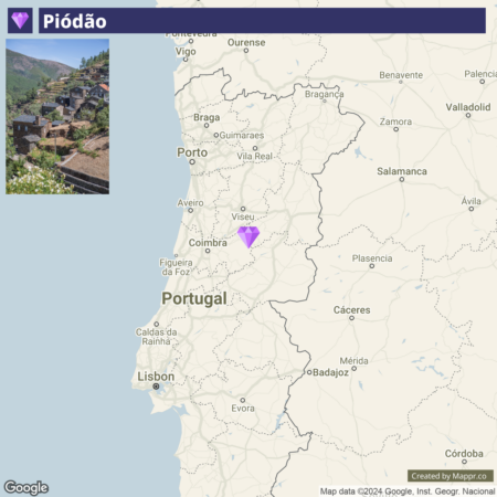 An image showing a map of part of Portugal with a highlighted area around Piódão, and a small inset photograph in the top left corner showing a view of the traditional stone houses of the village Piódão.