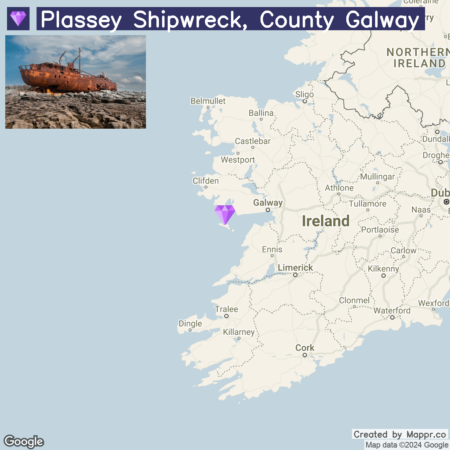 An informational image featuring a map of Ireland highlighting the location of the Plassey Shipwreck in County Galway with a purple pin. An inset picture at the top left shows the rusted remains of the Plassey Shipwreck under a blue sky, resting on rocky terrain. Text at the top reads "Plassey Shipwreck, County Galway," with the Google and Mapprr.co logos at the bottom, indicating the map data source.